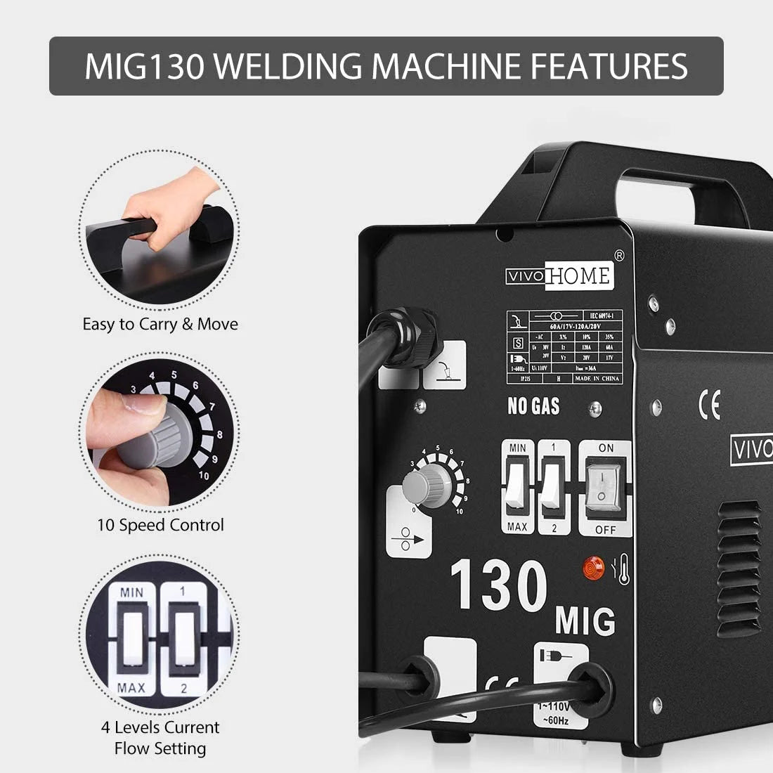 Portable No Gas MIG 130 Welder Machine 110V Black F246391