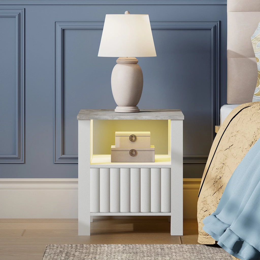 White LED End Table with Door and Open Storage N52689