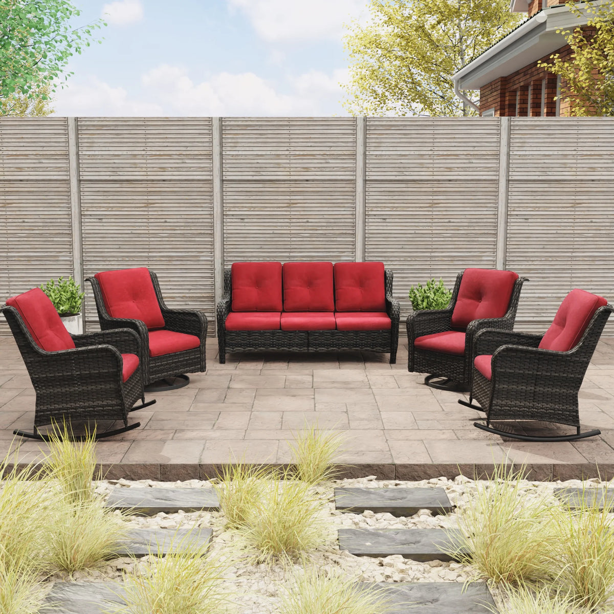 5 Pieces Patio Furniture Set with 3-Seat Sofa and Swivel Rocking Chairs, Red U271818
