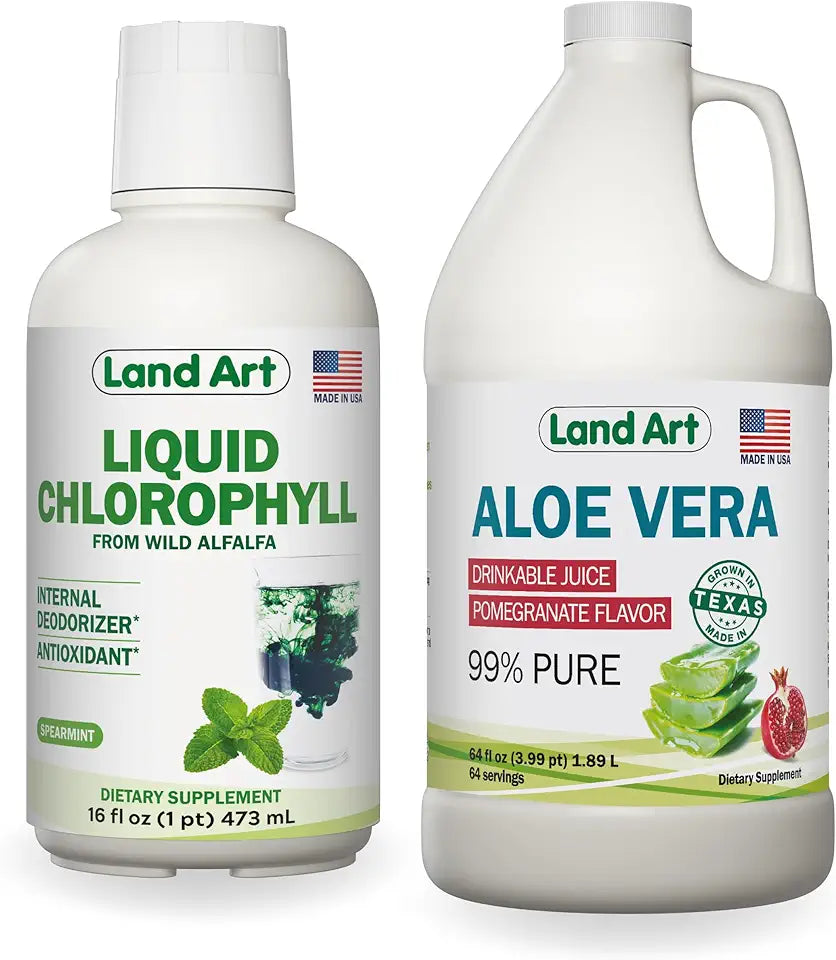Aloe Vera Juice Pomegranate Flavored 64floz + Liquid Chlorophyll Mint Flavored 16floz L207