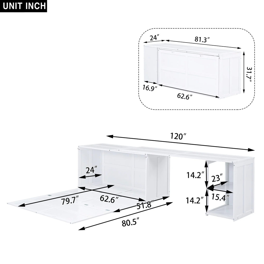 White Queen Size Murphy Bed with Rotable Desk and 2 Storage Shelves G791889