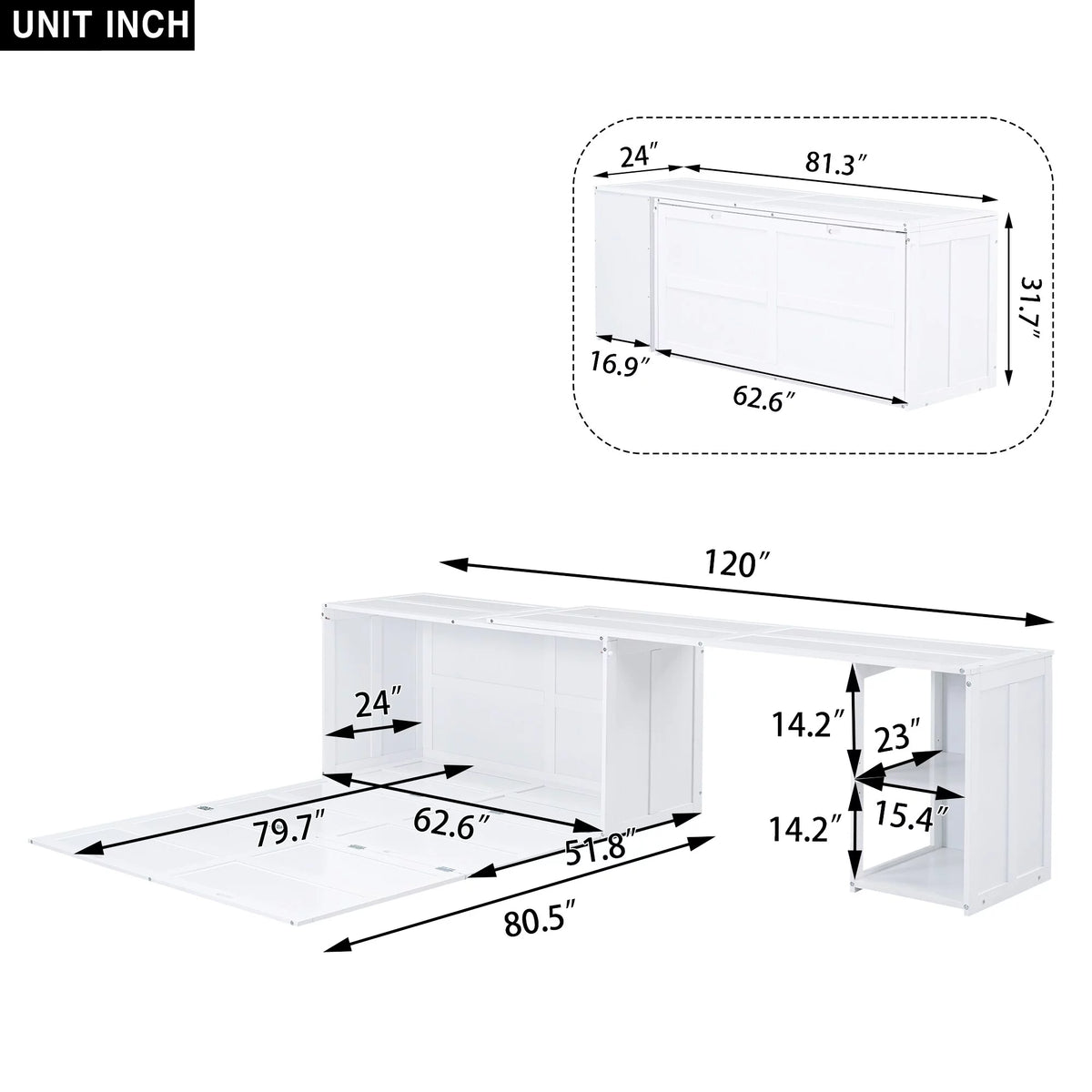 White Queen Size Murphy Bed with Rotable Desk and 2 Storage Shelves G791889