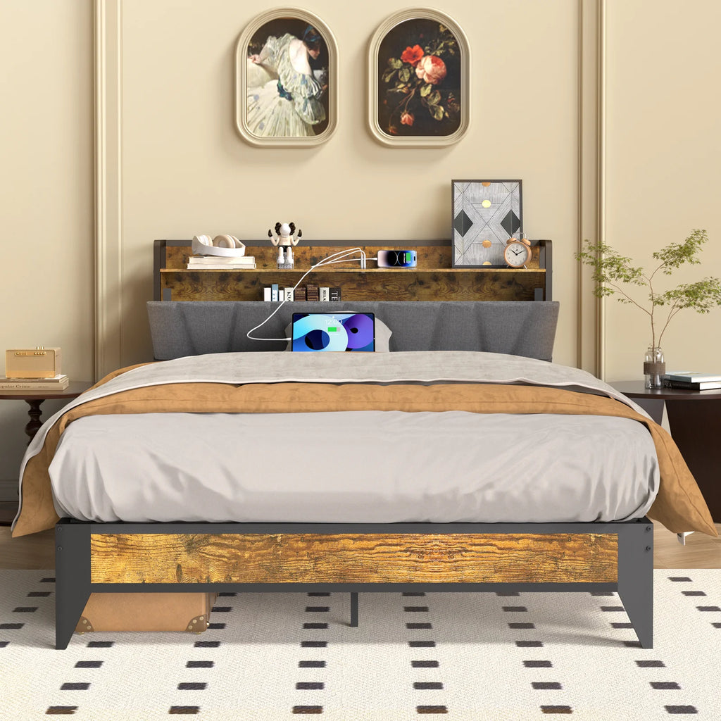 Full Size Platform Bed Frame with Headboard and Storage R4788