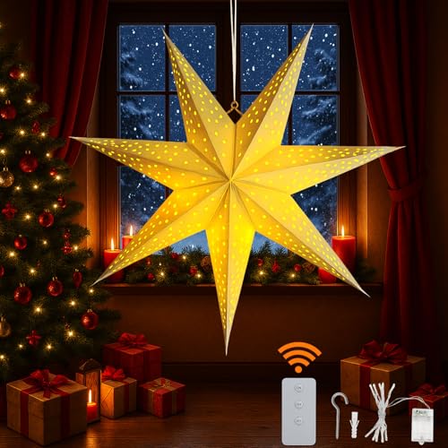 23" 7-Point Paper Star Lantern with LED Lights and Remote A409