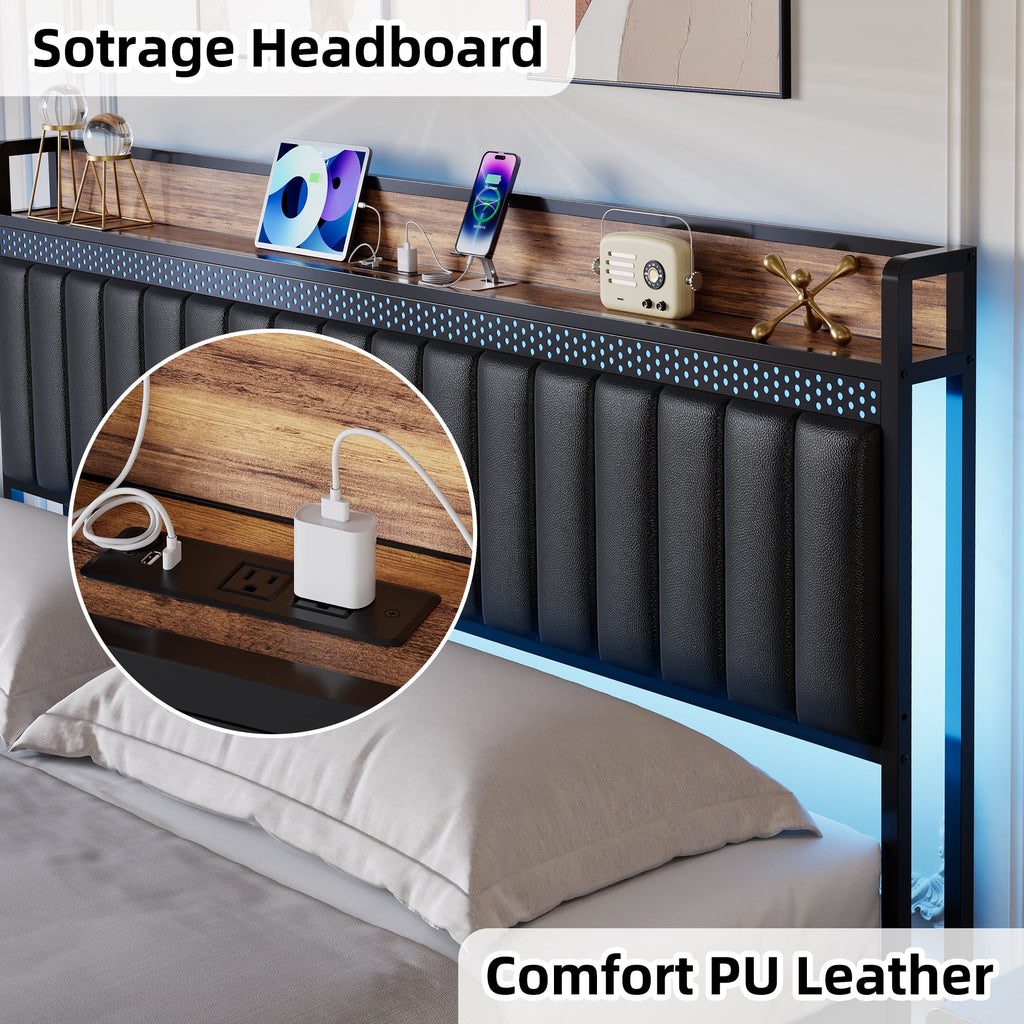 Black Upholstered Platform Bed Frame with Storage Headboard Y95830