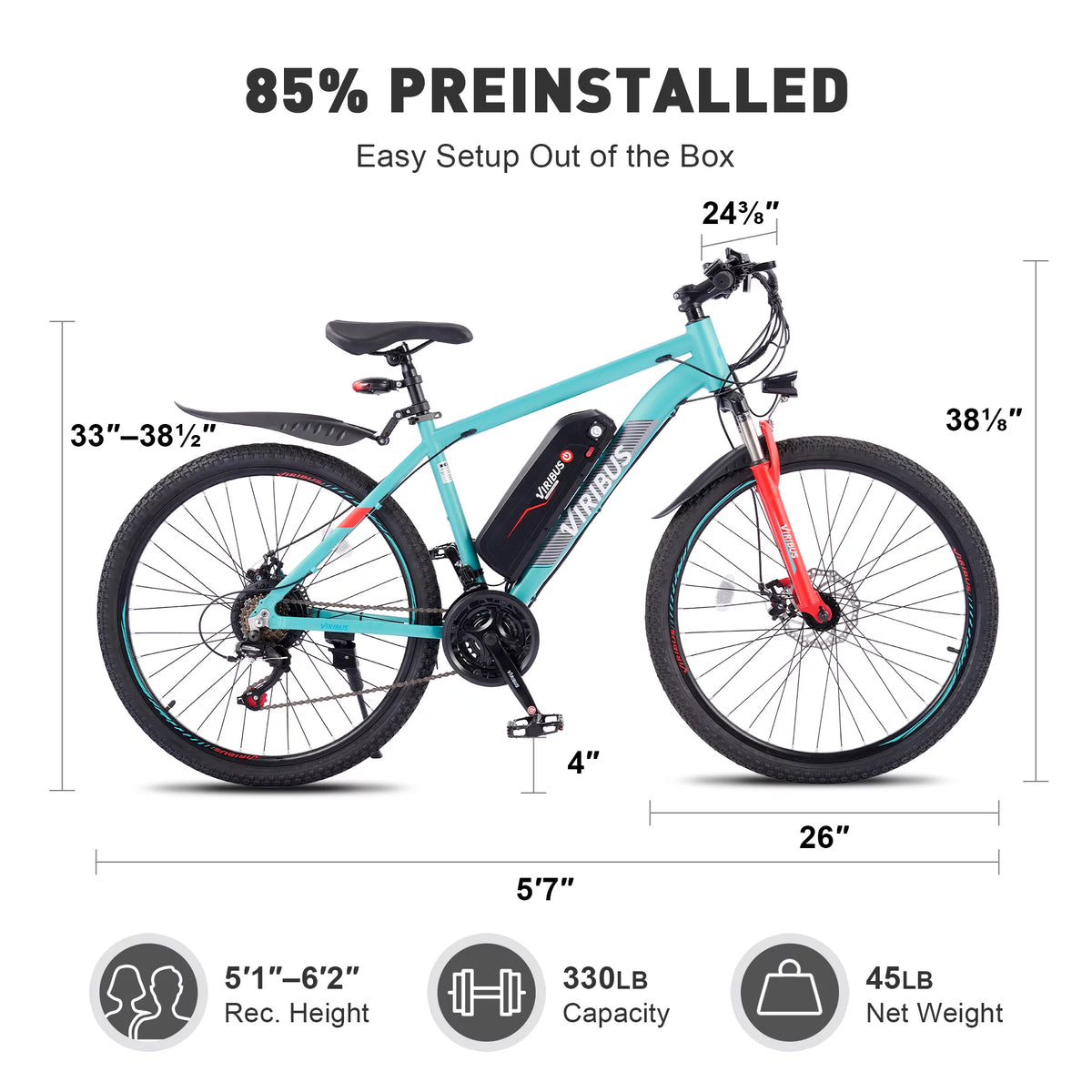 Electric Bike 26" Commuter Mountain Bike Disc Brakes 350W Motor 48V 10.4Ah Lithium Q53540