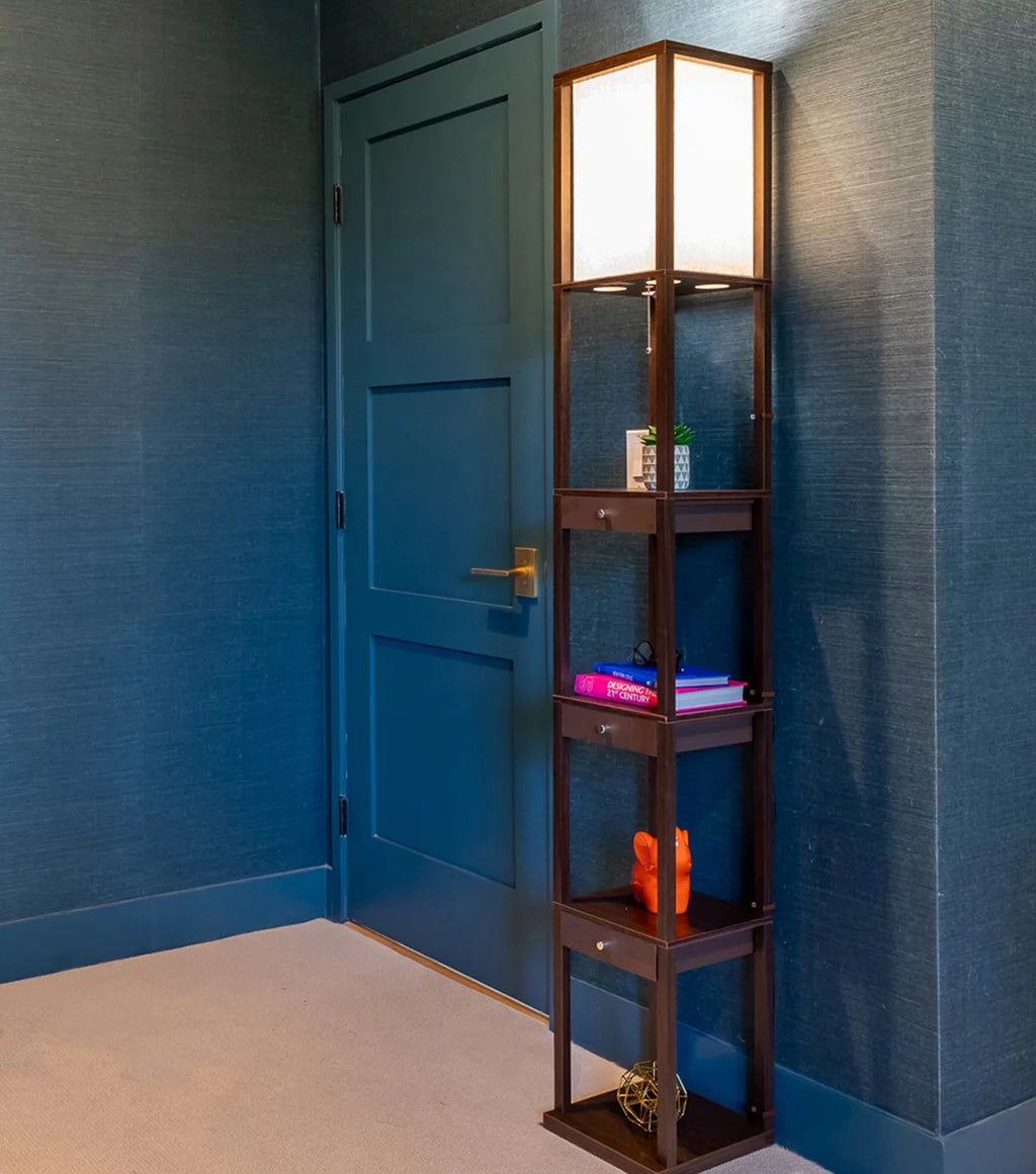 Standing Tower Floor Lamp with Shelves and Drawers I5390