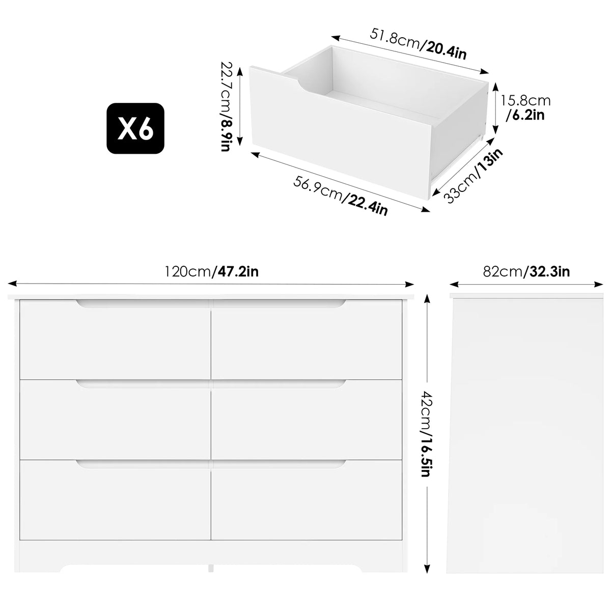 White 6 Drawer Wood Dresser T23812