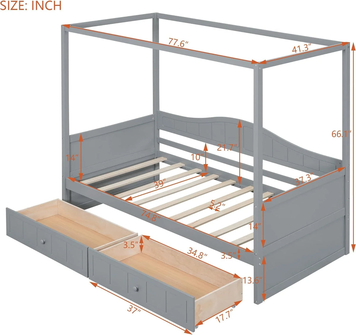 Gray Wood Canopy Bed with Storage and 2 Drawers U503909