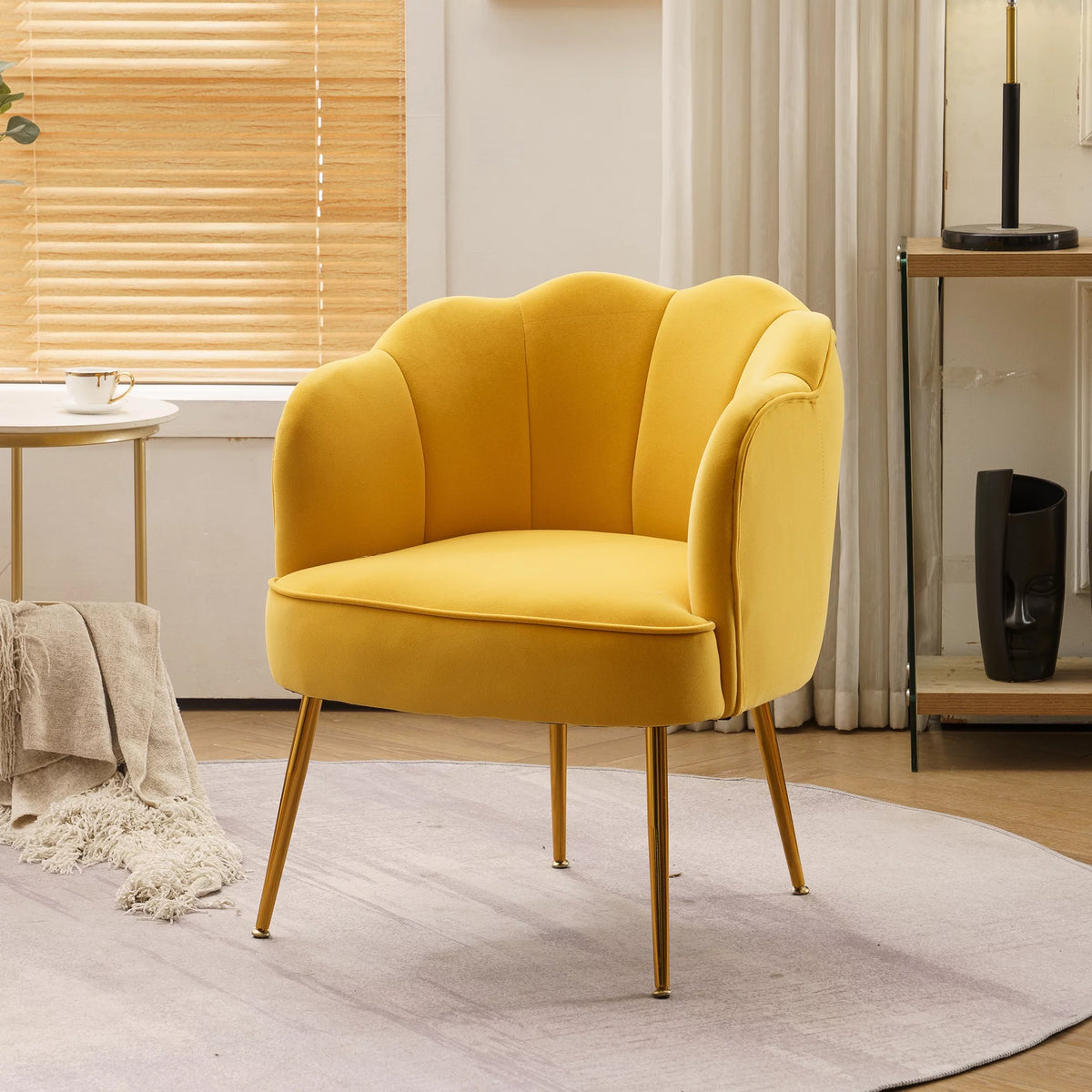 Yellow Velvet Shell Shape Armchair with Gold Legs O321063