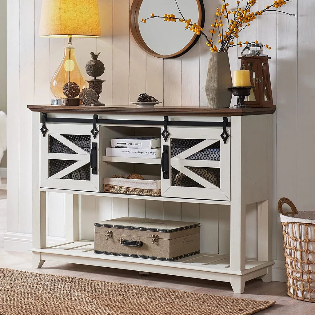 Antique White Wood and Metal Console Table with Storage M224345