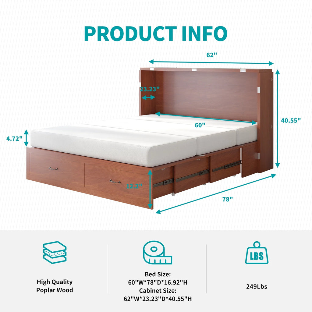 Queen Murphy Bed Cabinet with Charging Station and Memory Foam Mattress M888