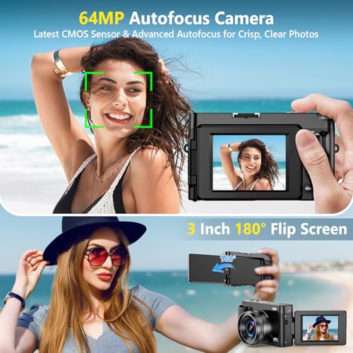4K 64MP Compact Digital Camera with 32GB Card, 2 Batteries, Black K6762