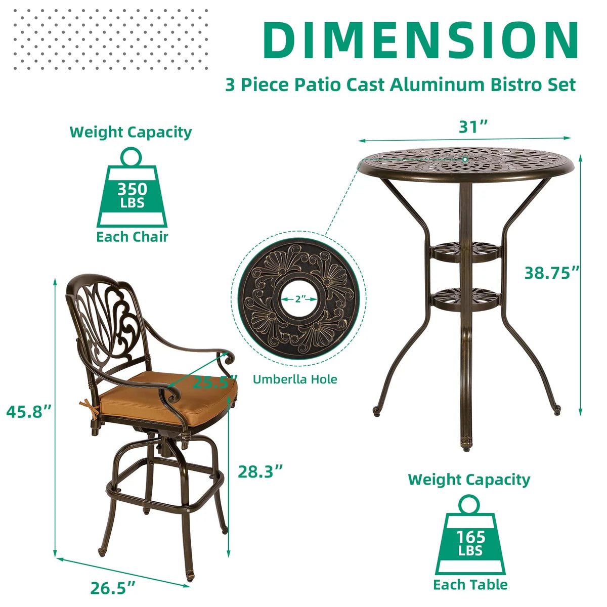 3-Piece Cast Aluminum Patio Swivel Bar Stools Set with Bar Table J8172