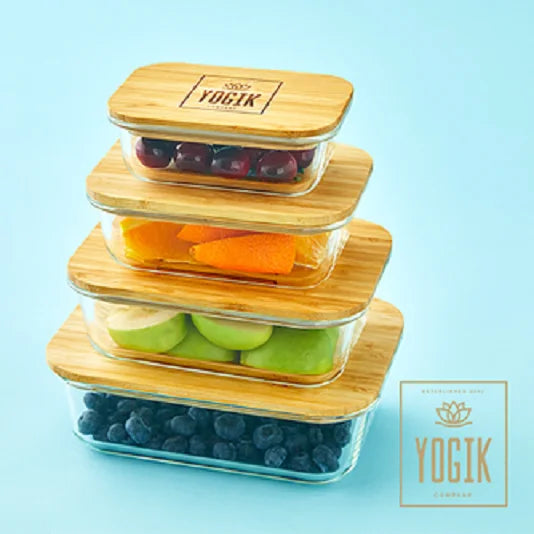 Set of 4 Rectangular Glass Food Storage Containers with Bamboo Lids S747667