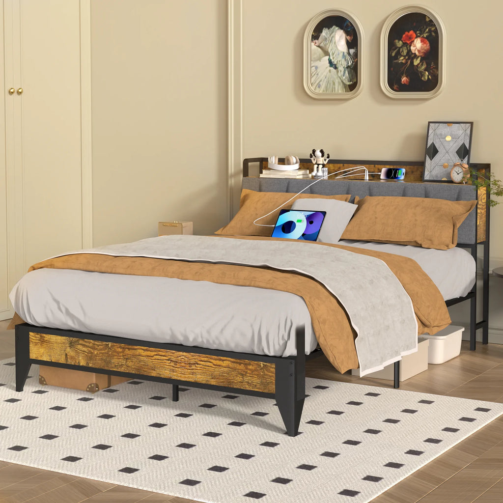 Full Size Platform Bed Frame with Headboard and Storage R4788