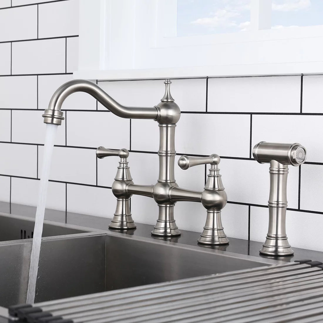 Brushed Nickel Kitchen Faucet with Side Sprayer S59412