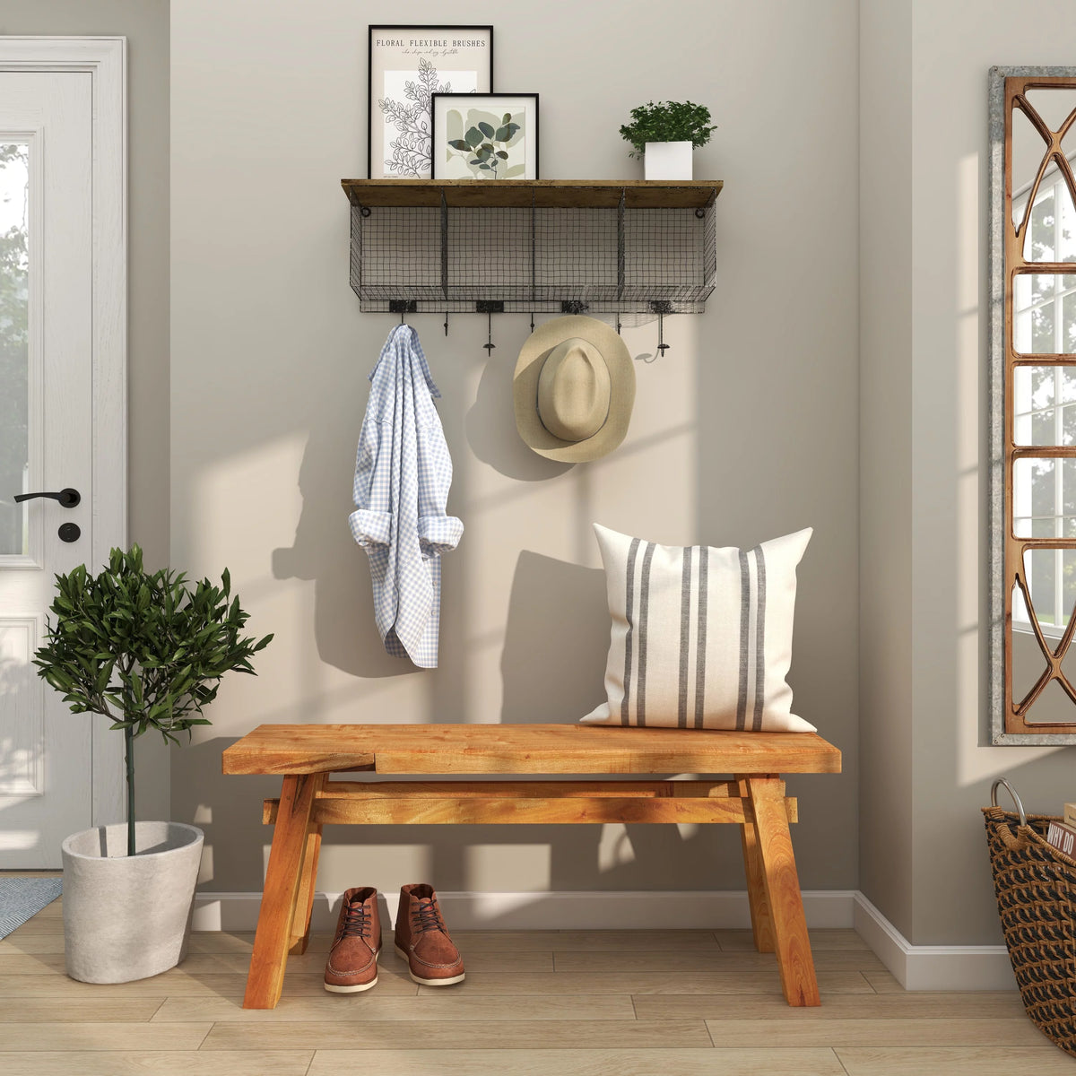 Wood Handmade Distressed Bench with High Trestle Legs E812