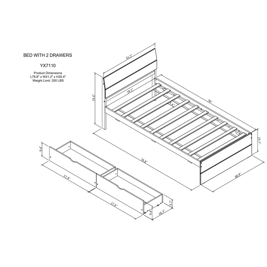 Twin Bed Frame with 2 Drawers P848049