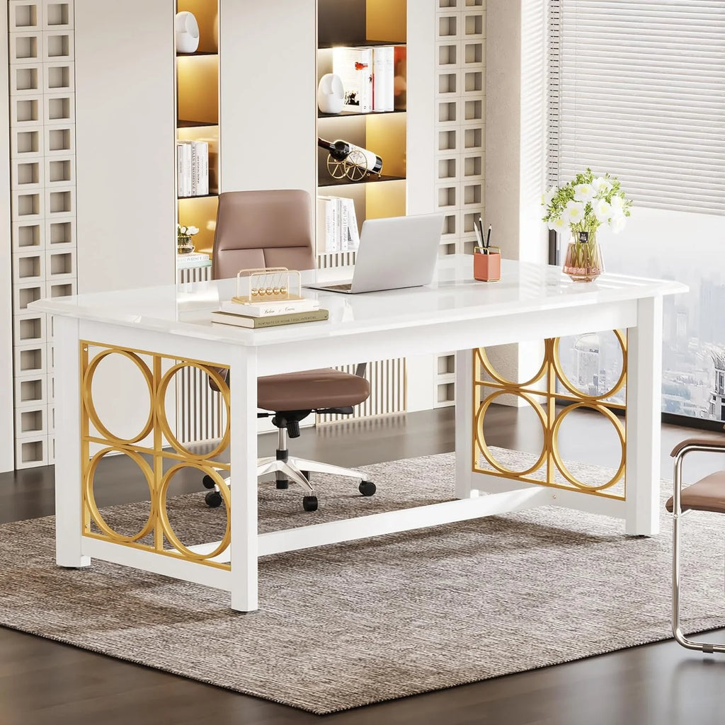63 Inch Modern Office Desk with Gold Metal Legs P26650