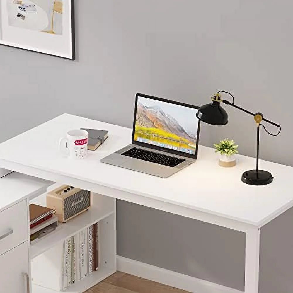 White 55 Inch L-Shaped Corner Desk with 2 Drawers J624